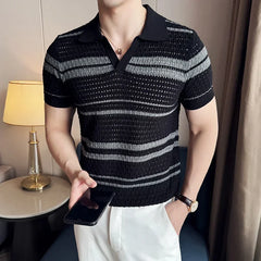 Men Polo Shirt 2024 Summer New Thin Knitted Striped Jacquard Patchwork Color Short Sleeved Casual V-neck T-shirt Men Clothing voguable