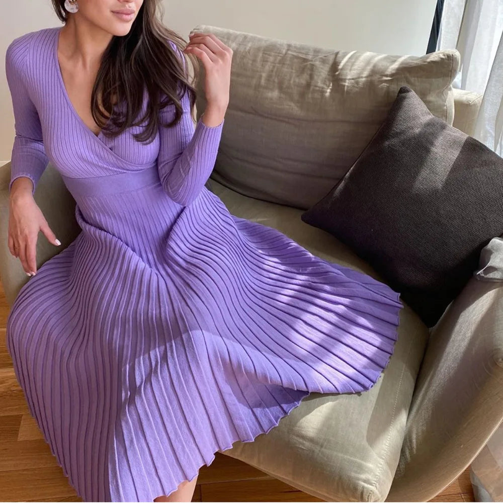 Women Spring And Autumn Solid Color Casual Pleated Mid-length Knitted Dress Fashion Long Sleeve O-neck Robe A-line Slim Vestidos voguable