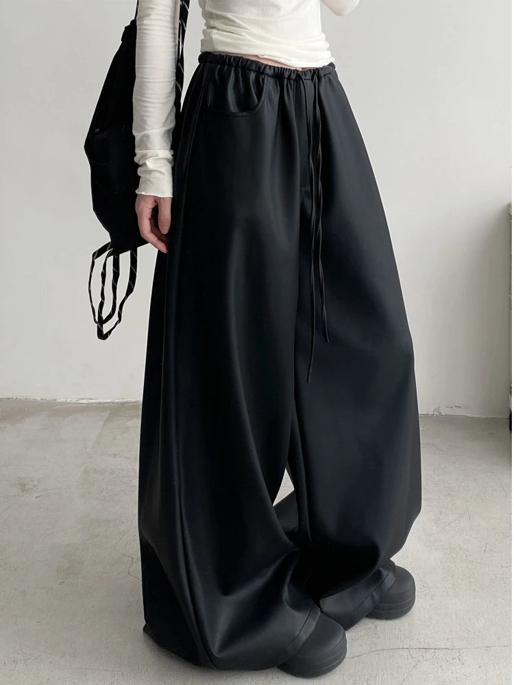 Black Pu Leather Pants Women Y2K Korean Elegant Fashion Drawstring Wide Leg Trousers High Waist Oversized Streetwear Trousers voguable