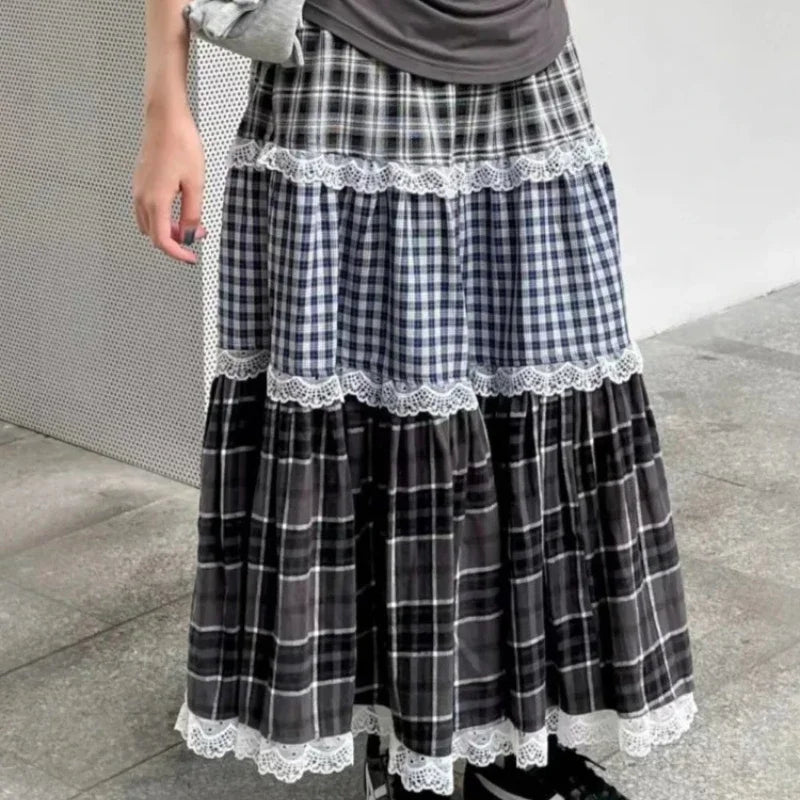 Vintage Harajuku Lace Plaid Skirt Women Preppy Style Long Skirts Autumn Winter Streetwear Retro A-line Ruffle Skirts voguable