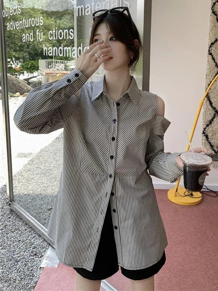 Hollow Out Striped Shirt Women Casual Long Sleeve Off Shoulder Blouse Korean Vintage Loose Design Female Retro Elegant Top voguable