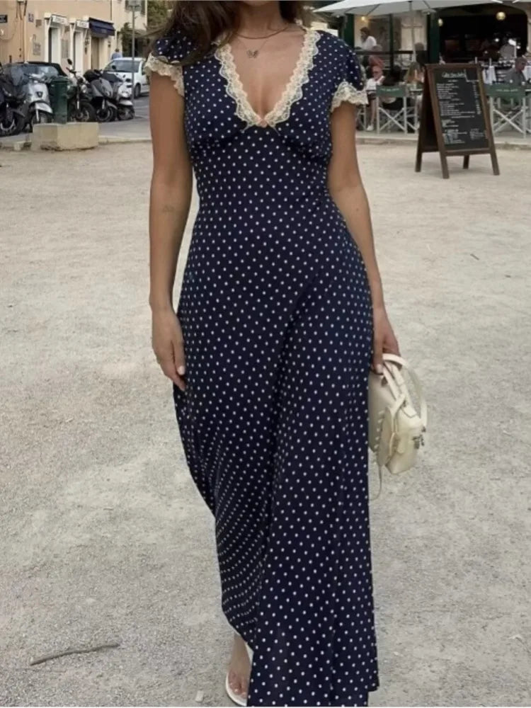 Chic Fashion Lace Polka Dot Long Dress V-neck Sexy Women Dress Navy Blue Vintege Elegant Dresses 2025 New Woman Clothing voguable