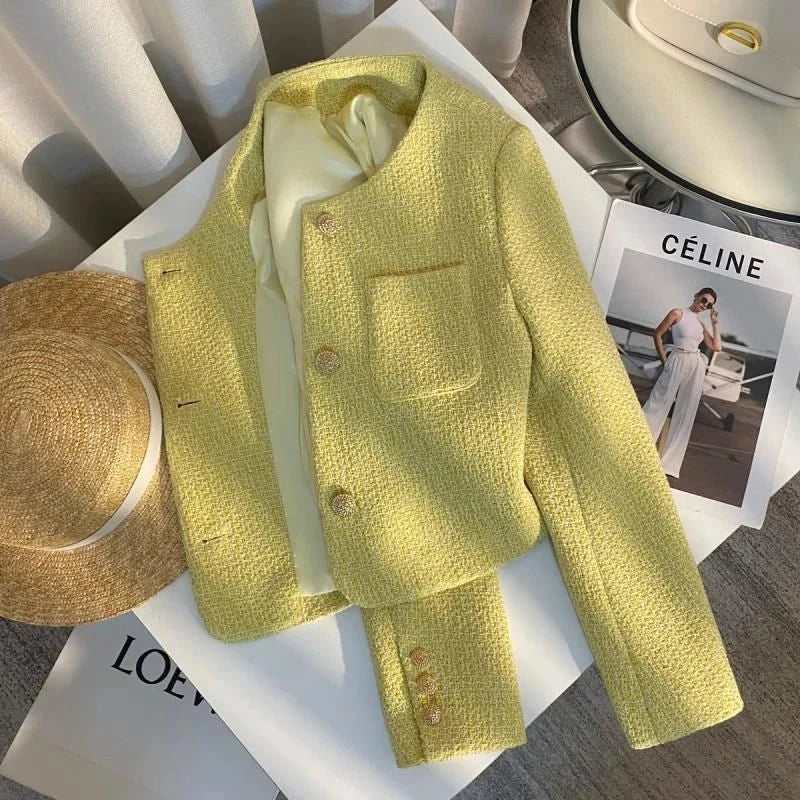 Yellow Sweet Tweed Jacket Women Elegant Retro Slim Long Sleeve Short Coat Korean O Neck Casual Fall Female Vintage Outwear voguable