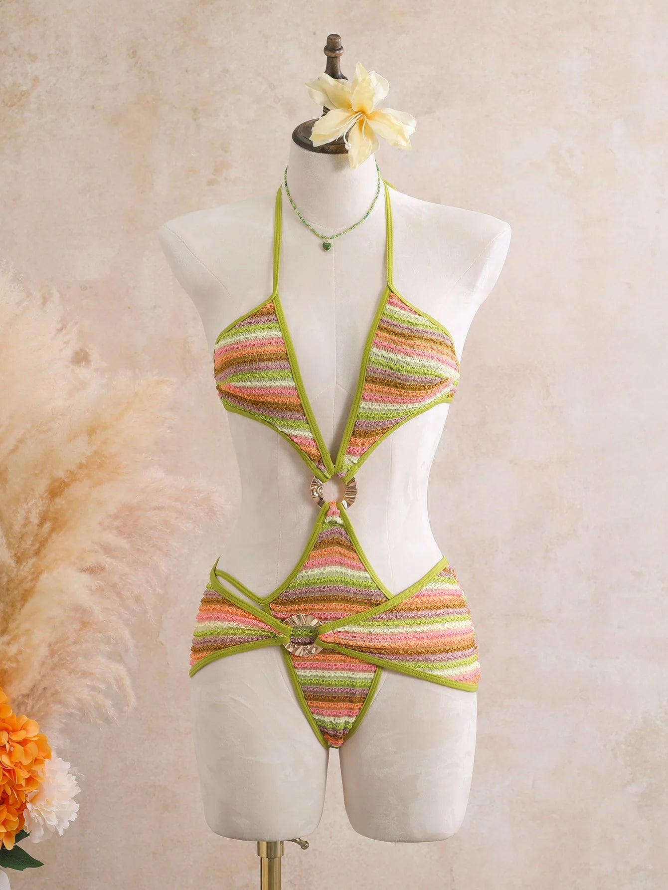 Voguable  Ribbed Stripe One Piece Bathing Suit Textured Fabric Halter String Bikini Two Metal Ring Hollow Out Cross High Leg Swimsuit voguable