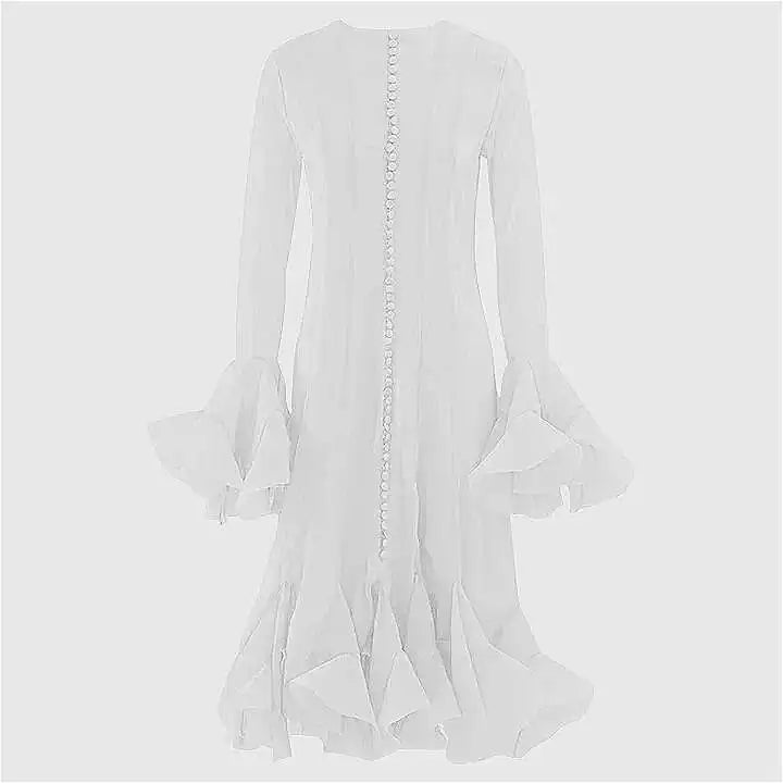 French Niche Women's Dress O Neck Button Flare Long Sleeve Spliced Ruffles Hem Solid Elegant Mini Dress 2025 New voguable