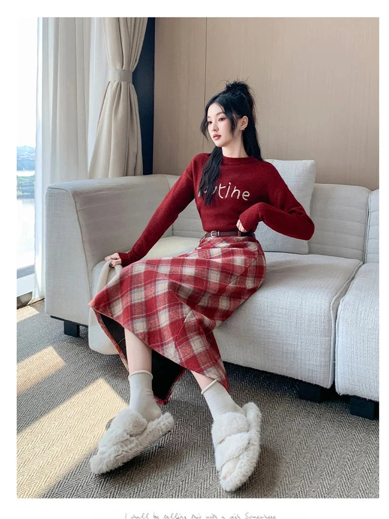 Faux Woolen Plaid Long Skirt Women Vintage Slim High Waist Back Slit Belt Skirts Korean Fall Winter Elegant Long Skirts New voguable