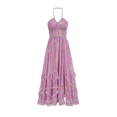 Fashion Purple Floral Pearl Studded Diamonds Dress Women's Halter Slim Fit Ankle-length Dresses Summer New 3A103 voguable