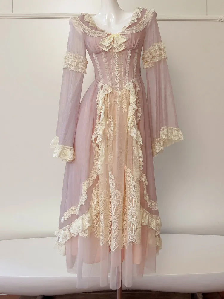 New Peter Pan Collar Women Butterfly Sleeve Dresses 2025 Spring Fashion Lace Patchwork Bow Embroidery Dress Female voguable