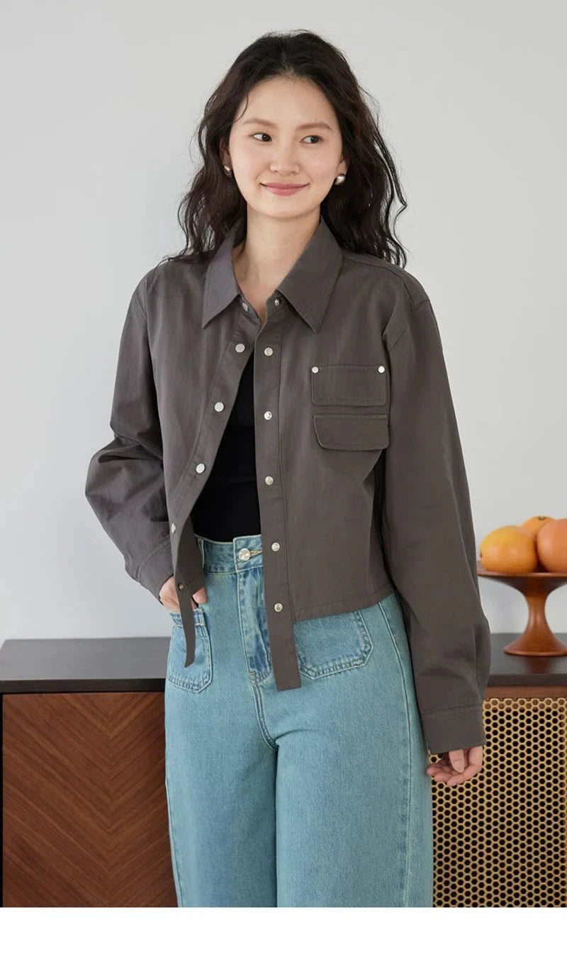 American Y2K Cargo Jacket Women Fall Casual Long Sleeve Vintage Short Coat Harajuku Turn Down Collar New Solid Hip Hop Tops voguable