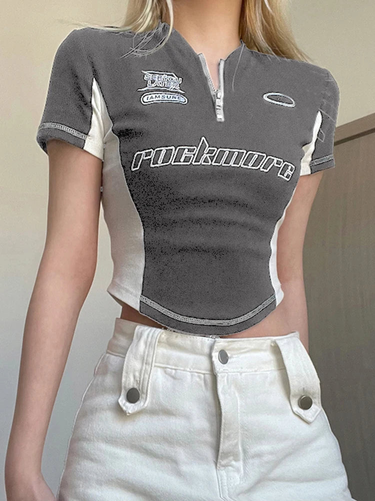 Voguable Techwear Stitching Printing T-shirt Fashion Zipper V-neck Top Streetwear Cool Hot girls Summer Short Sleeve Clothes voguable