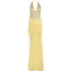 Voguable  Patchwork Dress Women Fake Diamond Decoration Halter v-Neck Backless Folds Elegant Dinner Party Vacation Vestidos voguable