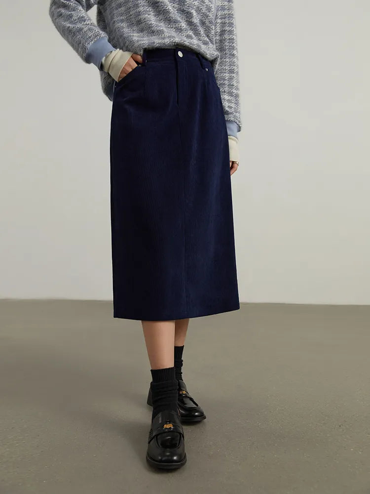 Corduroy Retro High Waist Skirt Women Autumn Winter Back Slit Commuter Casual Solid Color Length-option Female Skirts voguable