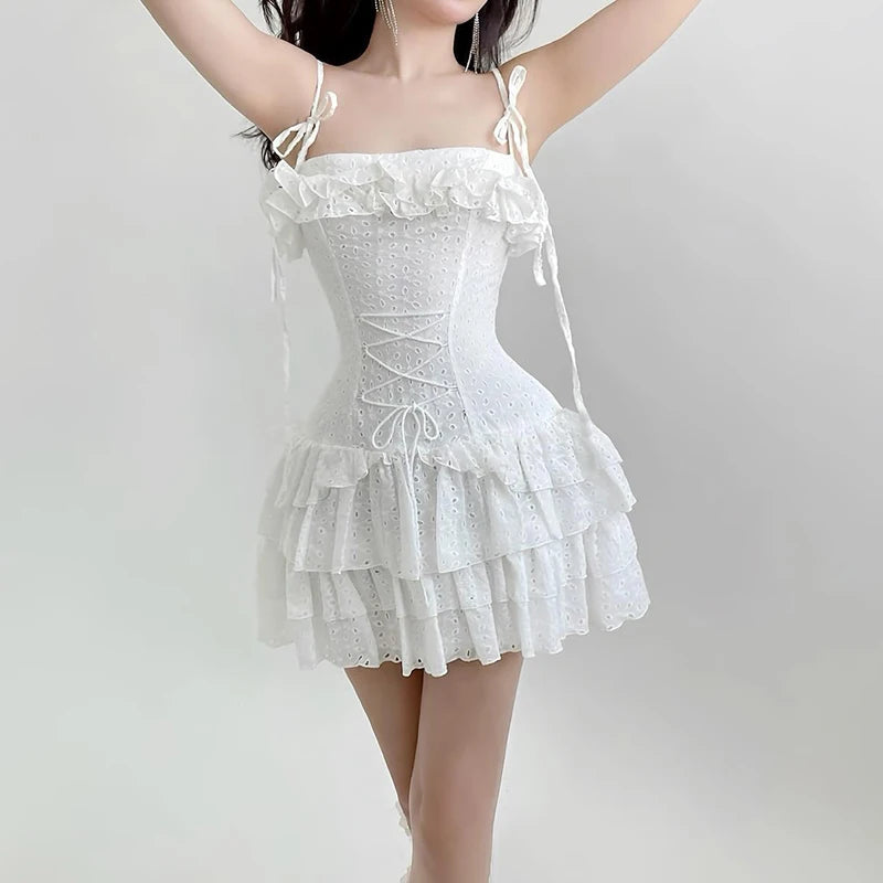 Voguable French Jacquard A-line Tiered Mini Dress Women Coquette Chic Ruffle Spaghetti Straps Layered Sundress Holiday Party voguable