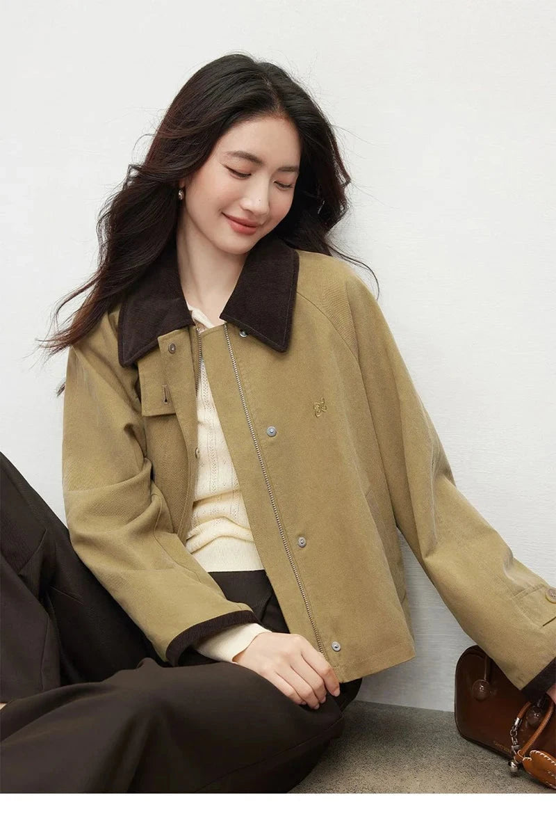 Vintage Casual Khaki Jacket Women Long Sleeve Patchwork High Quality Coat Korean All Match Women Fall Winter Embroidery Top voguable
