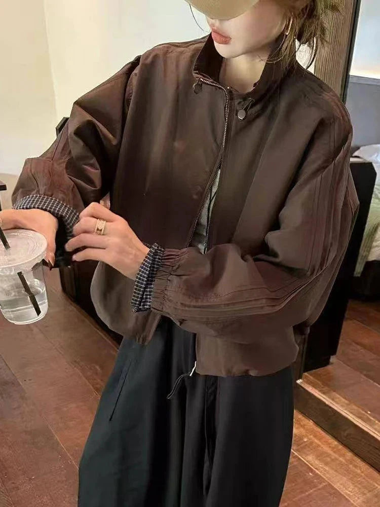 Harajuku Y2K Baseball Jacket Women Loose Vintage Plaid Patchwork Short Coat Streetwear Long Sleeve Vintage American Bf Tops voguable