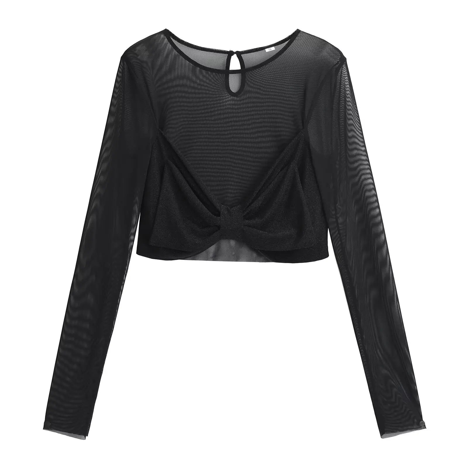 Voguable  Spring 2024 Women Sexy Semi-sheer Patchwork Mesh T Shirt Long Sleeve O Neck Black Tee Summer Crop Top voguable