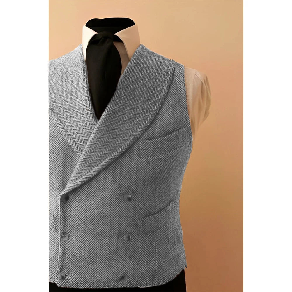 Shawl Lapel Men's Leather Vest Male Dress Casual Herringbone Tweed Double Breasted Sleeveless Jacket Vests for Men Dress Up voguable