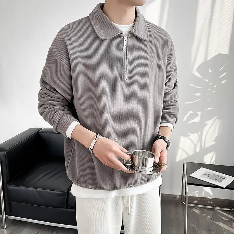 Voguable  Male Clothes Solid Hoodieless Sweatshirt for Men Polo Sweat Shirt Blue Pullover Half Zip Top Streetwear Cotton Winter S Luxury voguable