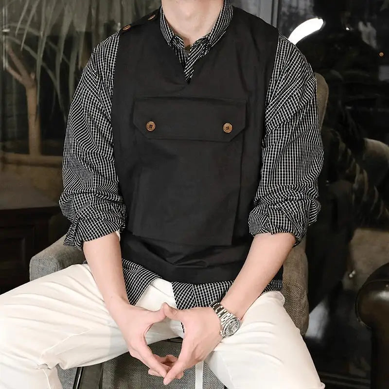 Voguable  Summer New Style Japanese Vest Retro Personality Black American Vest Men's Waistcoat Versatile Fashionable Solid Color Top Chic voguable
