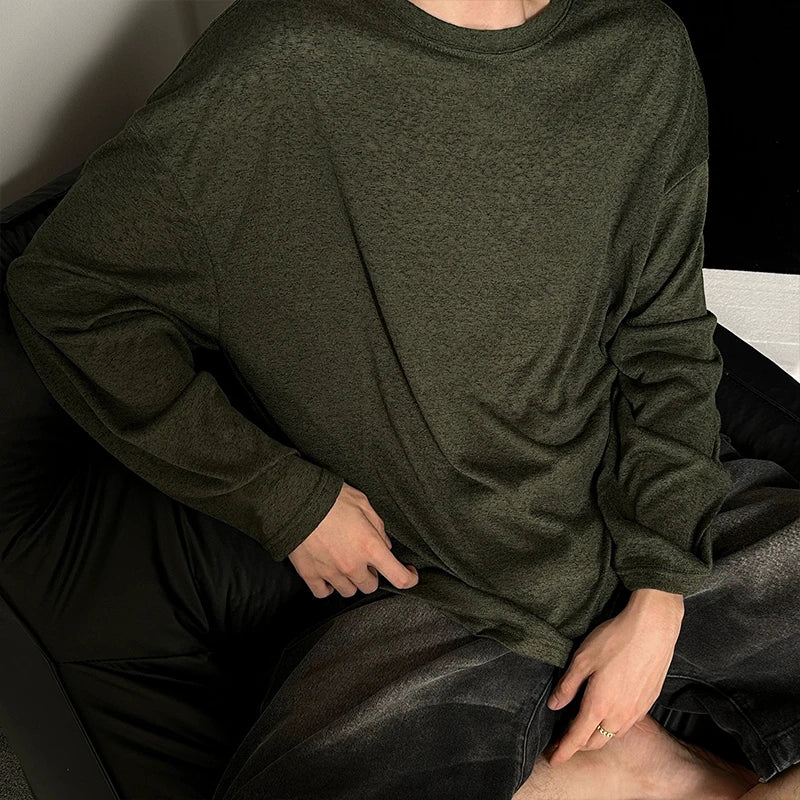 Autumn Laid-back Style Draping Men's T-shirt Luxury Korean Popular O Neck Long Sleeve Tees Leisure Loose Lightweight Basic Shirt voguable