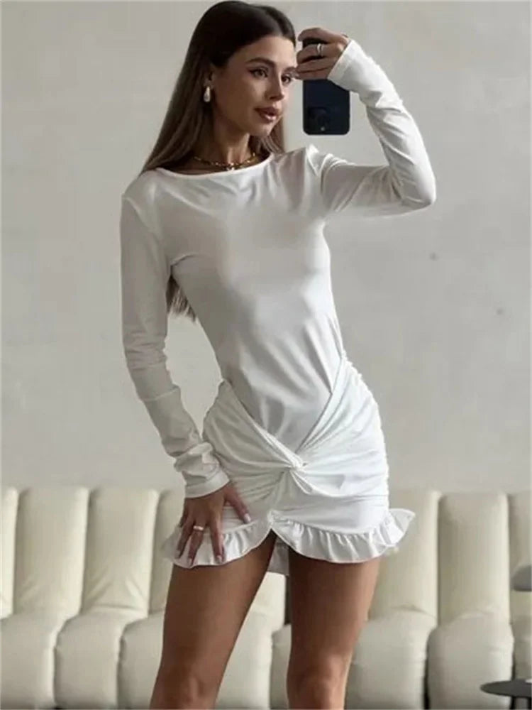 Ruffled Twist Skinny MIni Dress Women's Long Sleeve Patchwork High Waist Sexy Fashion Party Dress Female Y2k Bodycon Dress voguable