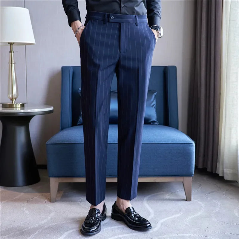 Men's Striped Suit Pants Elastic 2024 Autumn New Social Casual Trousers Slim Fit Suit Pants Business Office Wedding Men Clothing voguable