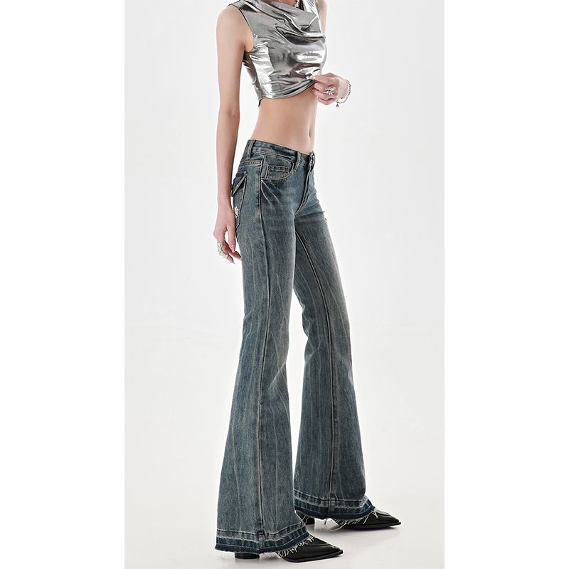 American High Street Spicy Girls Low Waist Jeans Women Autumn Vintage Y2k Design Sense Slim Fit Straight Tube Micro Flare Pants voguable