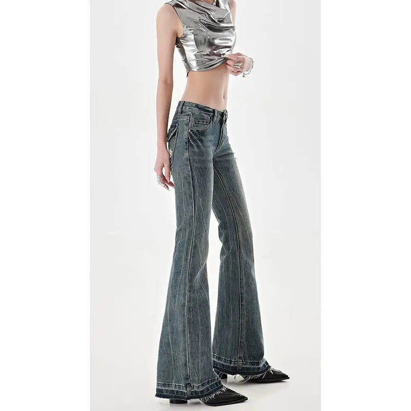 American High Street Spicy Girls Low Waist Jeans Women Autumn Vintage Y2k Design Sense Slim Fit Straight Tube Micro Flare Pants voguable