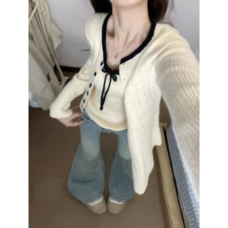 Voguable  Korean Knitted Cardigan with Suspenders Women's Autumn New Sweater Jacket Outer Top voguable