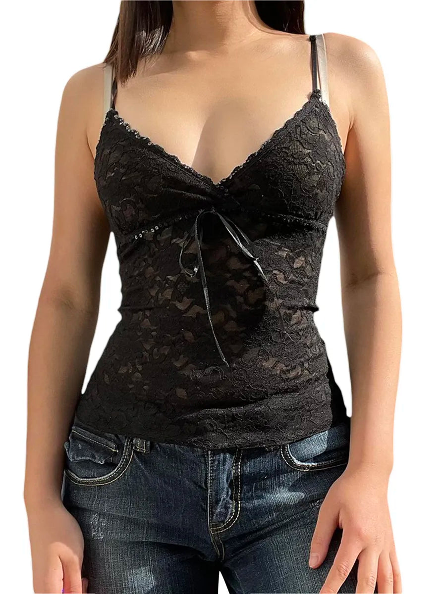 Black See Through Lace Cami Crop Tops Women Summer Y2K Clothes Sleeveless V Neck Sexy Tanks Camis Aesthetic 2000s Gothic Tees voguable
