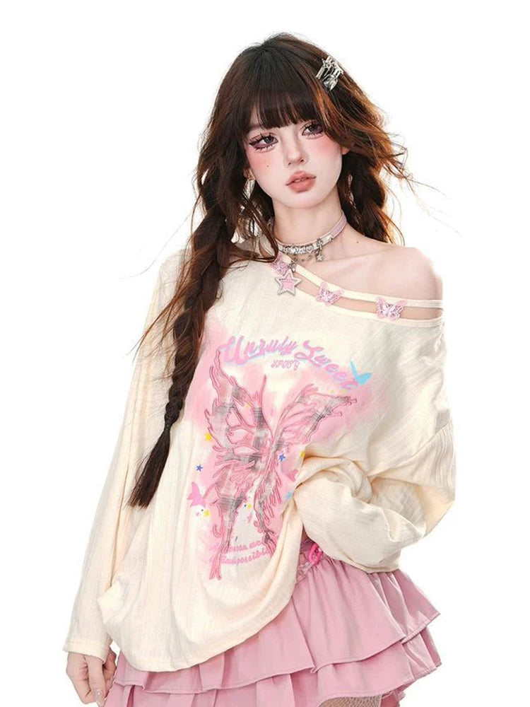 Streetwear Bufferfly T Shirt Women Loose Hollow Out Long Sleeve Vintage Tees American Sweet Casual Oversize Letter New Tops voguable