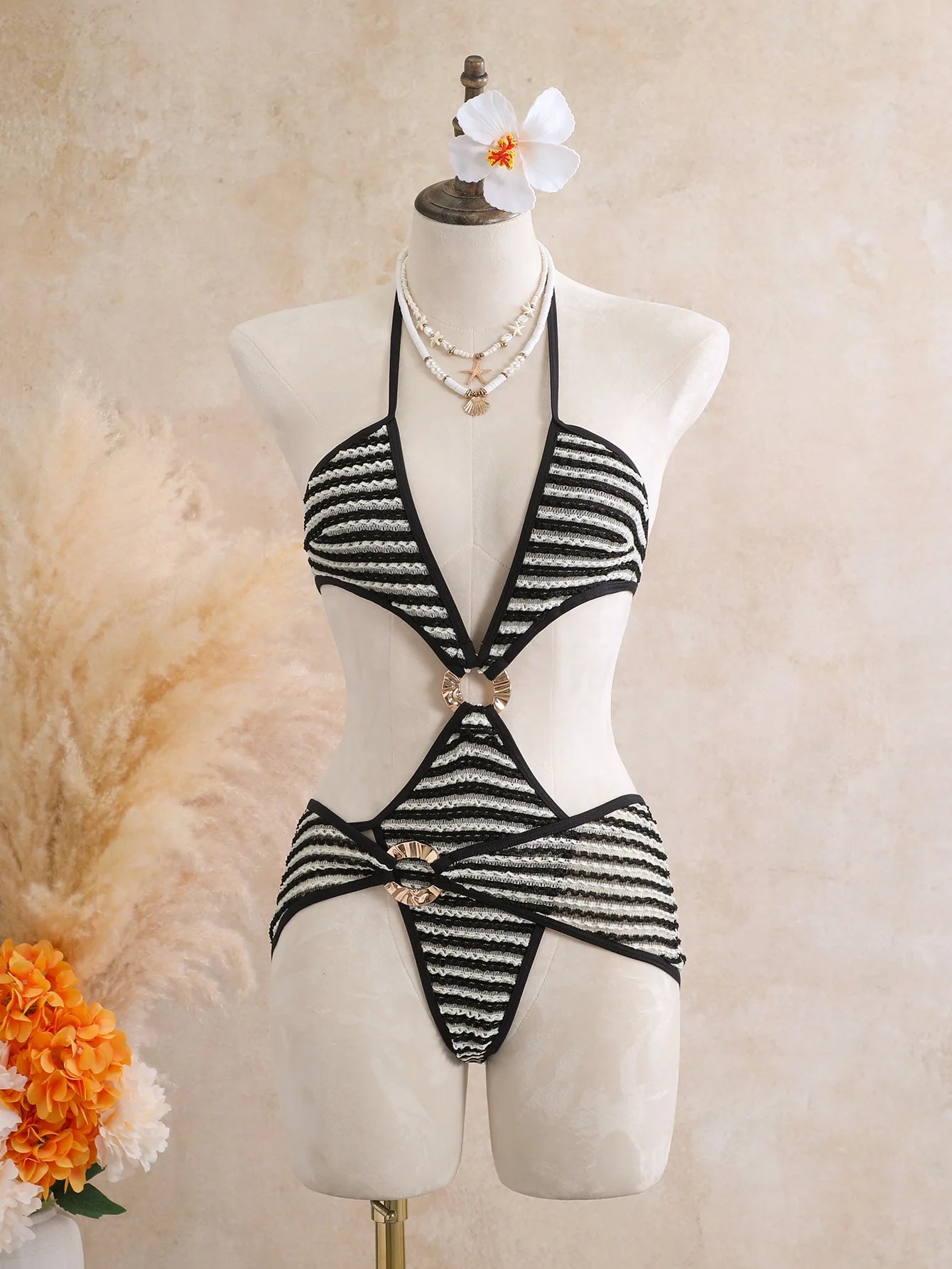 Voguable  Ribbed Stripe One Piece Bathing Suit Textured Fabric Halter String Bikini Two Metal Ring Hollow Out Cross High Leg Swimsuit voguable