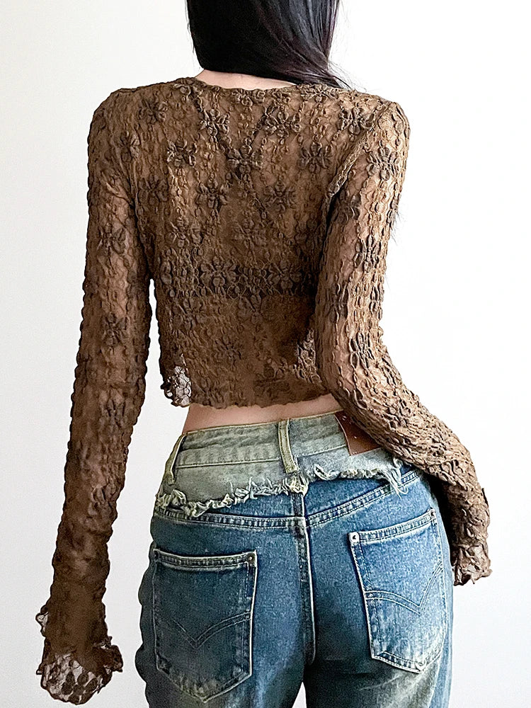 Voguable Brown Vintage Lace V-neck Tie-up Shirts for Women y2k Aesthetic Sweet Long Sleeve Crop Top Casual T Shirt Korean Style voguable