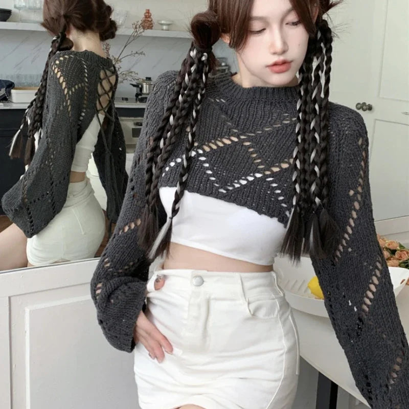 Voguable 2024 Summer New Korean Hollow Sexy Backless Lace-up Solid Color Long-sleeved Sweater Women + Basic Camisole Two-piece Suit voguable
