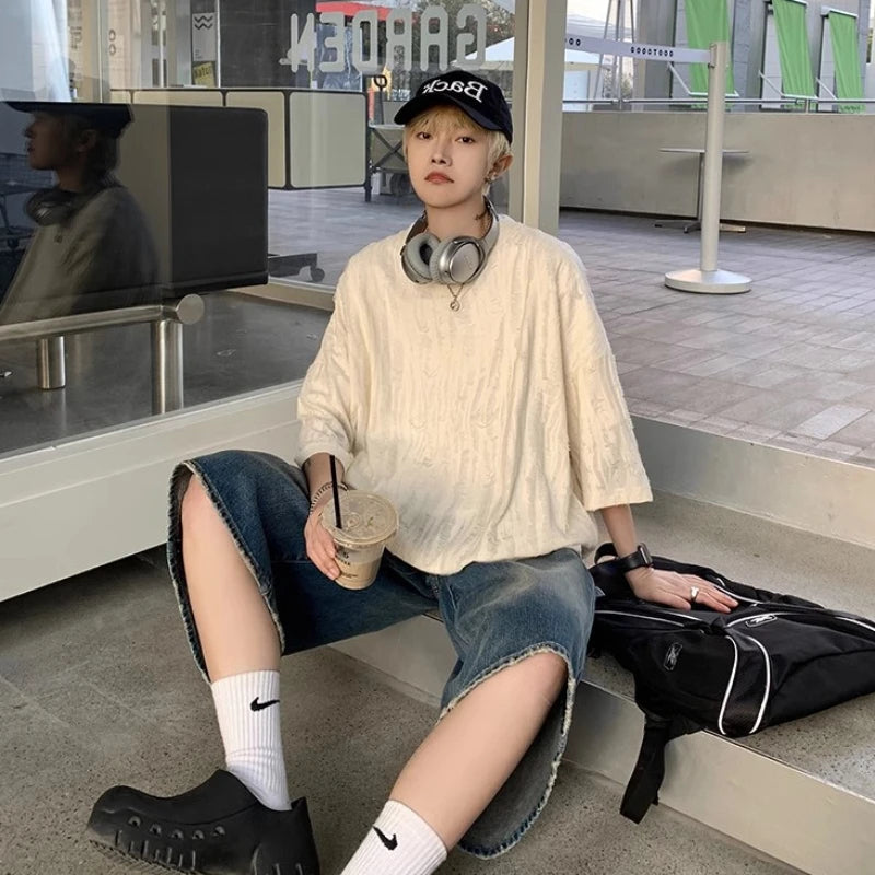 Harajuku T-Shirts Men Ripped Design Chic Korean Style High Street Half Sleeve Summer Fashion Solid Hip Hop Tees All-match Unisex voguable