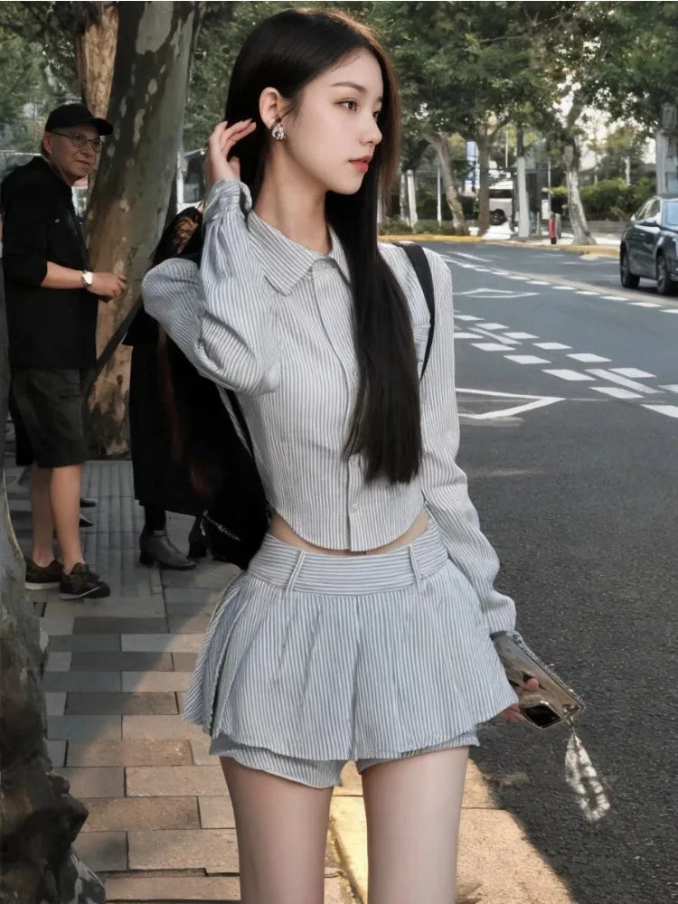 Voguable  Sweet Hot Girls Sexy Preppy Style Suit Women's Spring/Autumn Irregular Long-sleeved Short Shirt Pleated Mini Skirt Two-piece Set voguable
