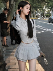 Voguable  Sweet Hot Girls Sexy Preppy Style Suit Women's Spring/Autumn Irregular Long-sleeved Short Shirt Pleated Mini Skirt Two-piece Set voguable