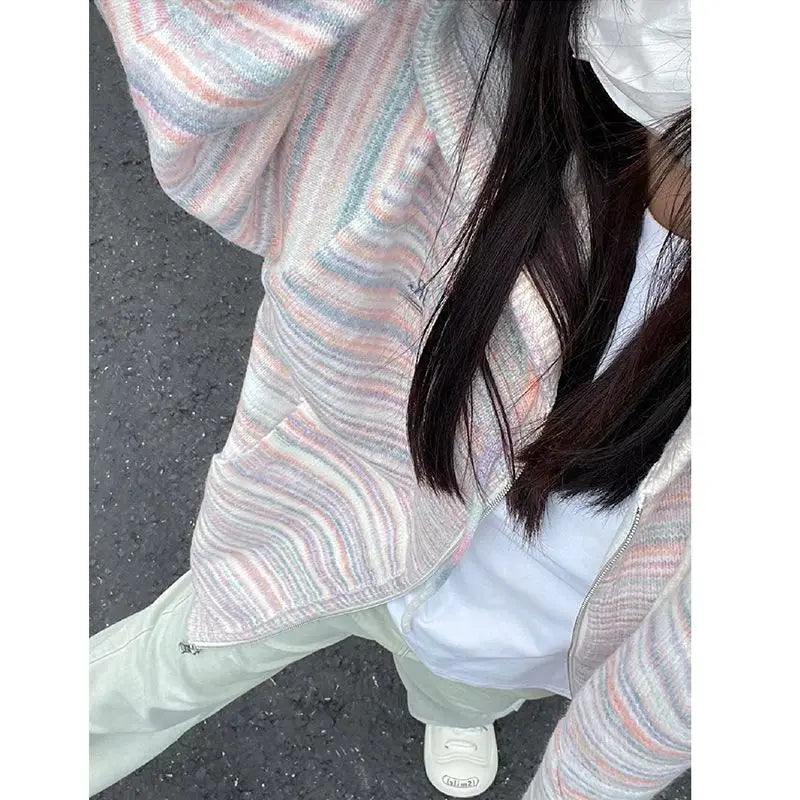Japanese Y2k Rainbow Striped Kawaii Cardigans Women Autumn All Match Hooded Sweaters Loose Zipper Grunge Knitted Coat Pull Femme voguable