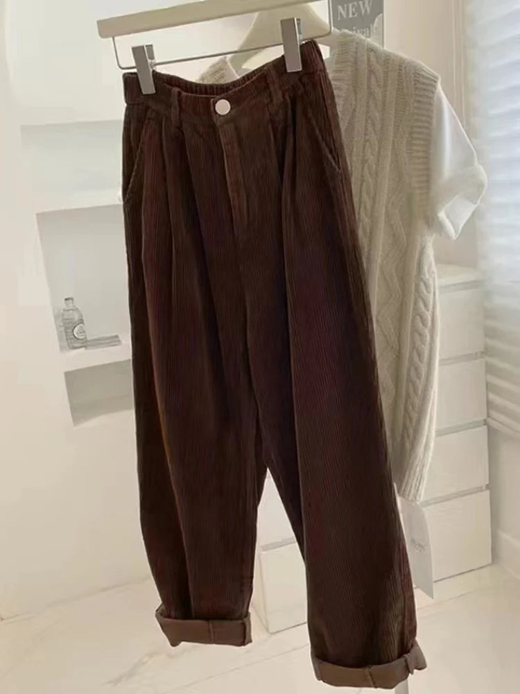 Voguable  High Waist Women Vintage Corduroy Pants Spring Fashion Straight Causal Trousers Solid Korean All Match Pants voguable
