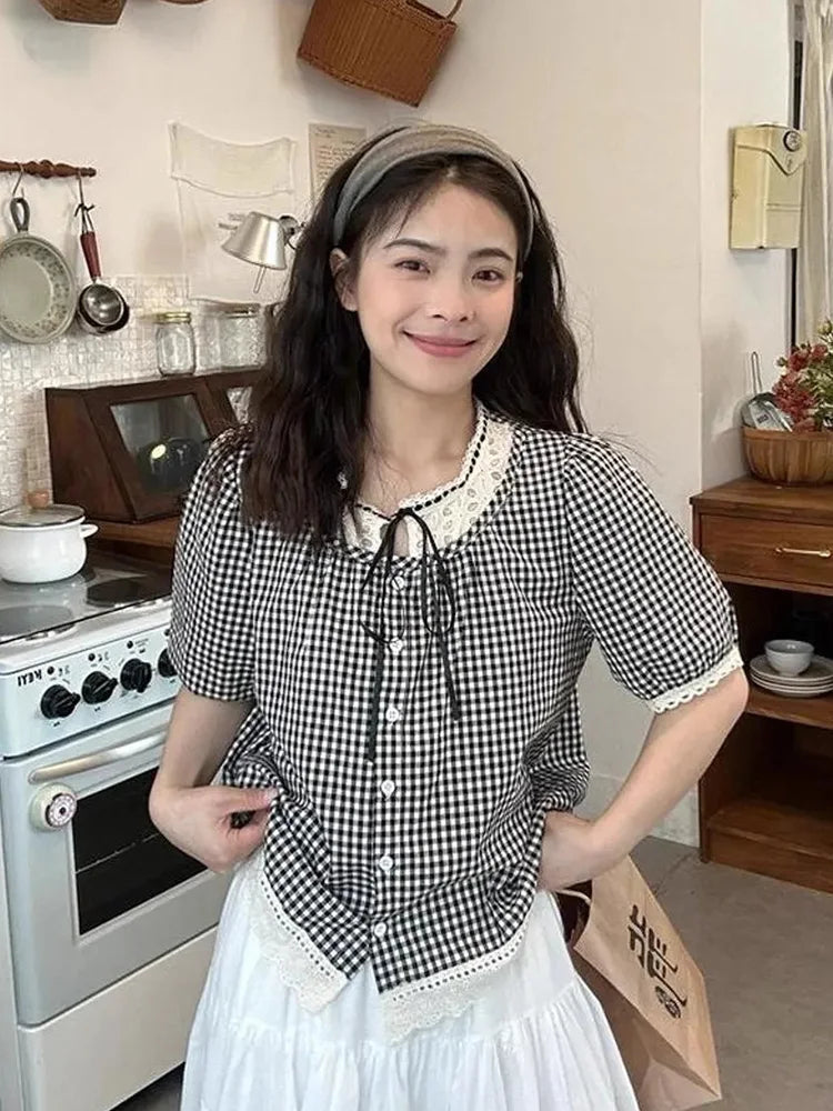 Sweet Vintage Women Plaid Blouse Casual Preppy Style Lace Patchwork Loose Shirt Cute Retro Female Short Sleeve Lace Up Tops voguable