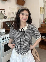 Sweet Vintage Women Plaid Blouse Casual Preppy Style Lace Patchwork Loose Shirt Cute Retro Female Short Sleeve Lace Up Tops voguable