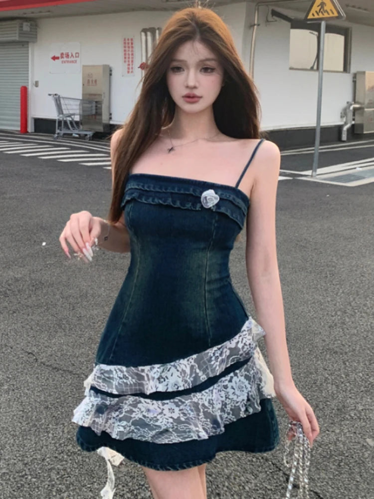 Voguable  Summer Y2k Slim Cowboy Sling Dress Women France Vintage Off Shoulder Patchwork Dresses Female Hot Chick Thin Sleeveless Clothing voguable