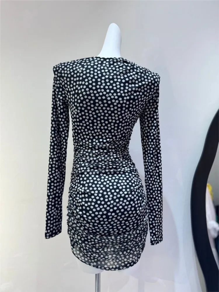 Korean Chic Polka Dot Pring Short Dress Summer Dress Round Neck Long Sleeve Slim Women Dress Fashion Simple Woman Clothing voguable