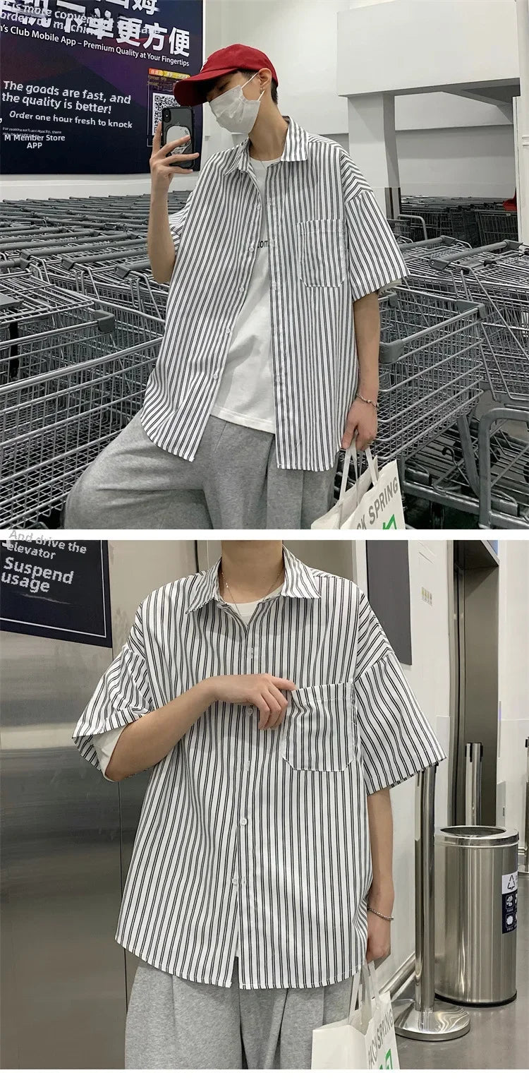 Japanese Style Simple Striped Short Sleeve Shirt For Men Summer Korean Trendy Loose Fit Casual Jacket voguable