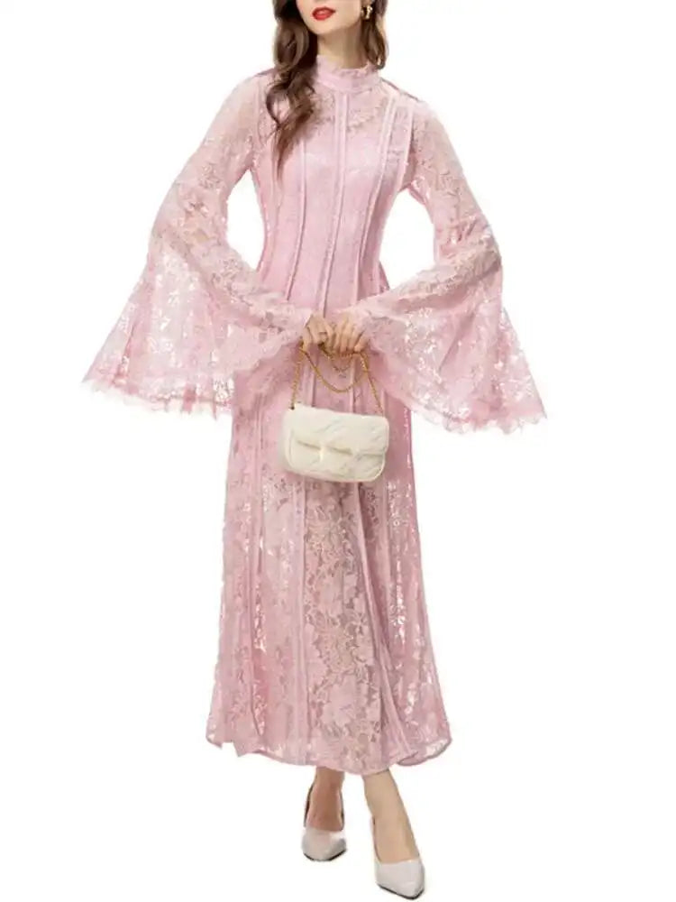 Solid High Quality Evening Dresses For Women Stand Collar High Waist Long Sleeve Thin Elegant Dress Female Clothing voguable