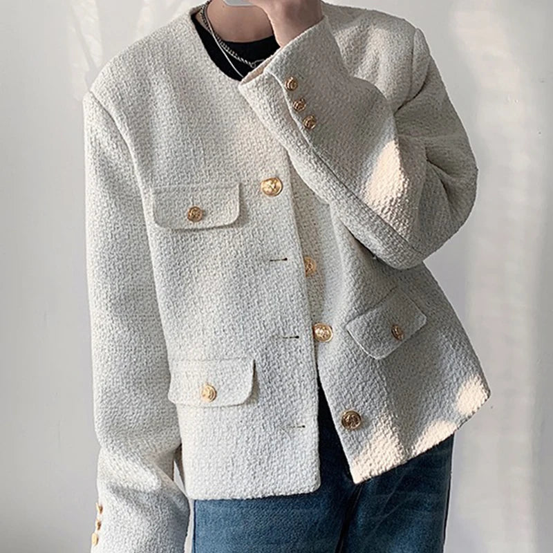 Korean Style Fashionable Tweed Round Neck Jacket Men Japanese Trendy High-end Single-breasted Short Jacket with Temperament voguable