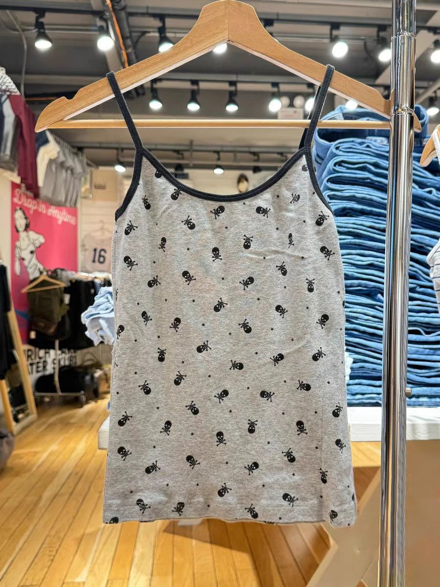 Skull Print Gray Vest Pants 2 Pieces Set Pajama Woman Sleeveless Slim Tank Top High Waist Straight Long Pant Cotton Vintage Sets voguable
