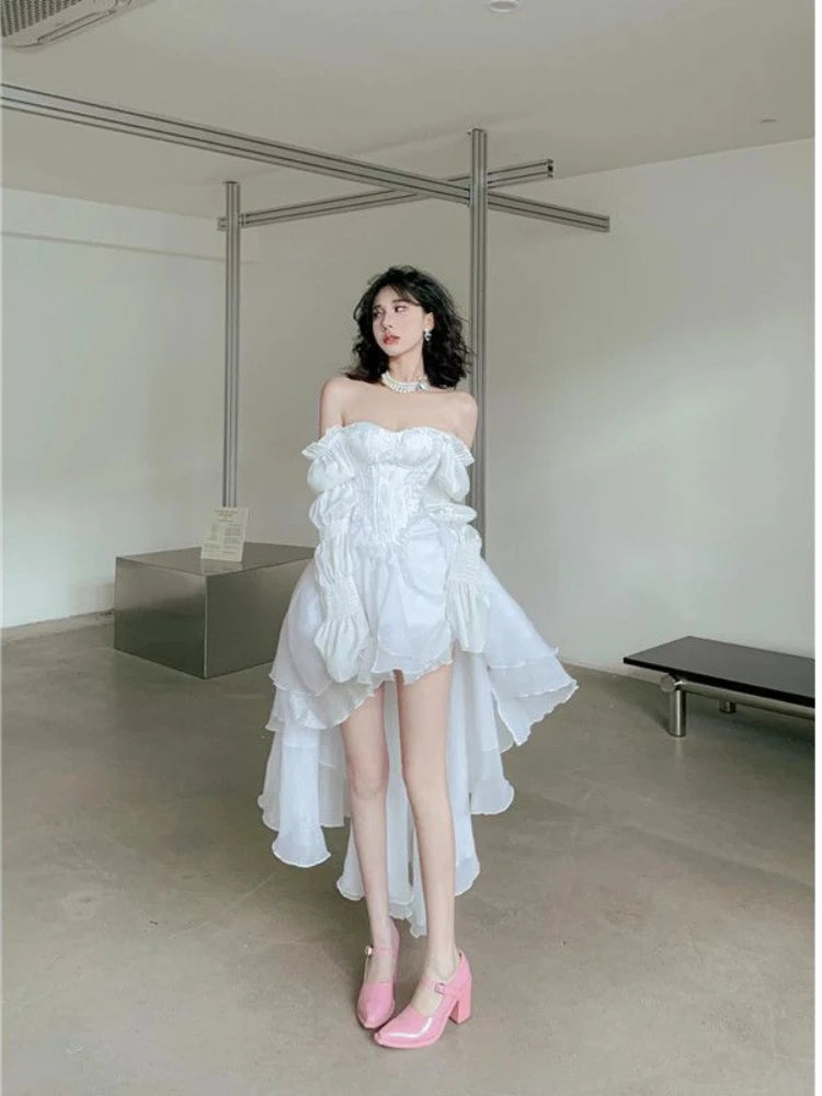 Voguable White Fairy Dress Women Elegant Evening Party Dresses Long Sleeve Mesh Patchwork Vintage  Spring Fashion voguable