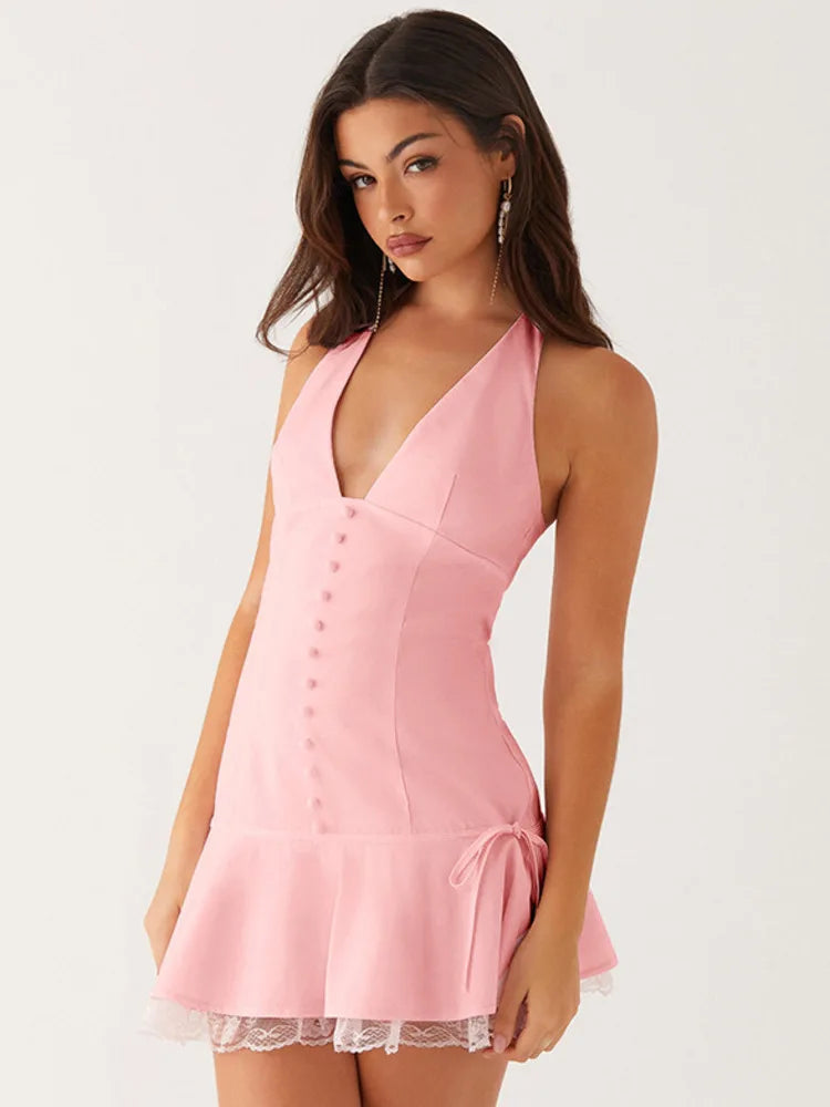 Halter Backless Sexy Mini Dress Women Robe Summer New Lace Patchwork Sleeveless V Neck High Waist Ruffled Dress voguable