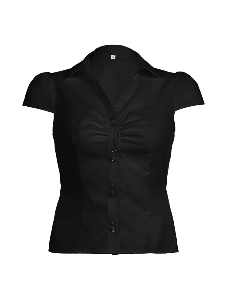 Solid Shirring Button Up Turn Down Collar Short Sleeve White Shirts Women Simple Casual Summer Clothes voguable